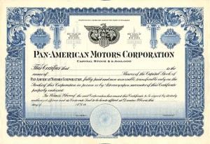 Pan-American Motors Corporation - Automotive Stock Certificate